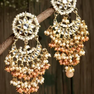 Indian Ethnic Wear Earrings | Peach Crystal and Pearl Kundan Dangler Earrings for Women
